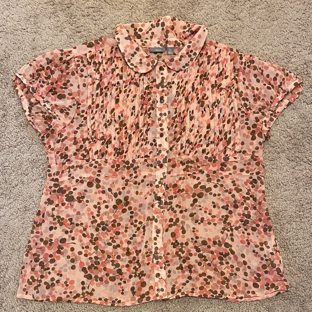 Slightly Sheer Pleated Polka Dot Print Pink Button-Up Blouse